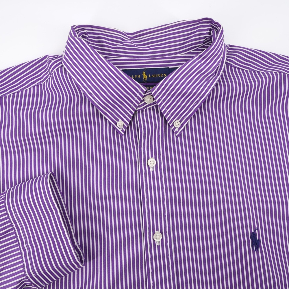 Ralph Lauren Classic Fit Striped Button Down Purple Long Sleeve Mens 18 36/37